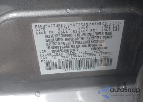 2021 Nissan Sentra Sv Xtronic Cvt z USA, uszkodzony, nr VIN 3N1AB8CV6MY283474